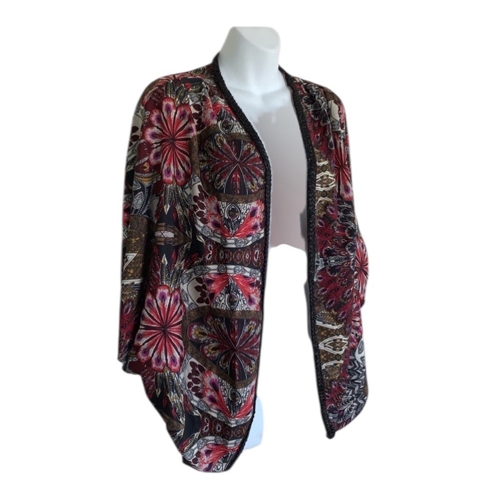 Blue Rain cardigan women S, red/black floral, beaded edge, oversized fit. Euc